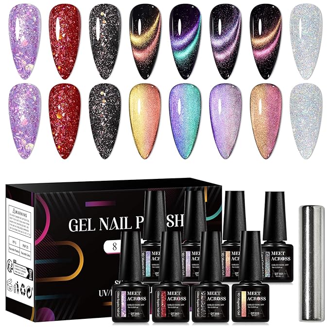 MEET ACROSS 8pcs Gel Nail Polish Set, Soak off UV LED Lamp Gel Nail Polish Cat Eye Set Home Gel Manicure Kit 7ml (Starburst Glitter + 9D Cat Eye Gel)