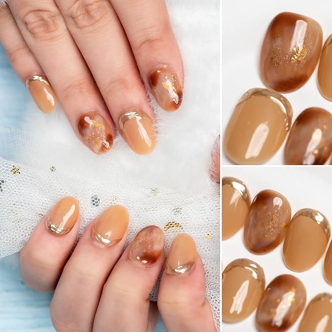 Sun&Beam Nails Handmade Press-On Short Round with Brown Amber Color Design Charm Cat Eye Cute False Nail Tips 10 Pcs (#83 S)
