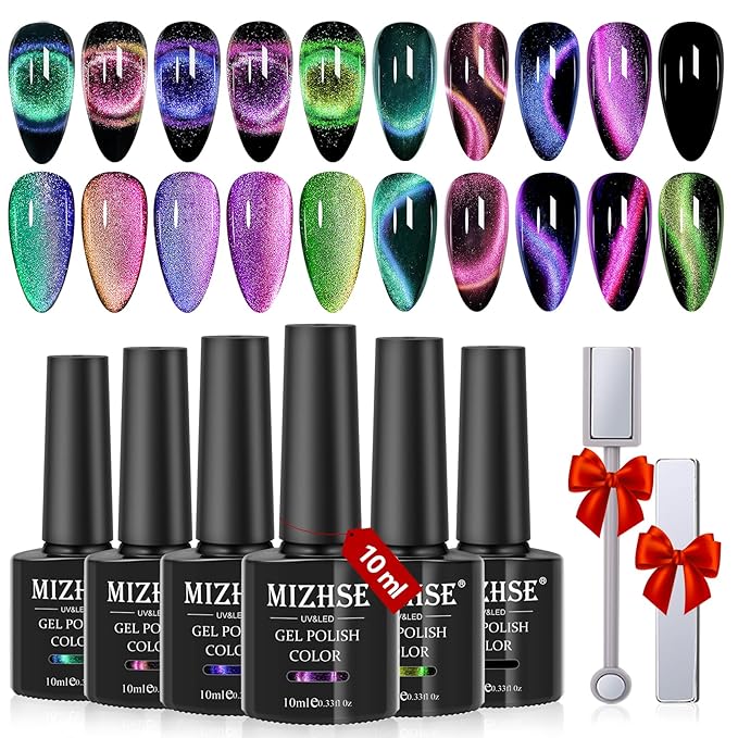 MIZHSE 60ml 9D Cat Eye Gel Nail Polish Set, Glitter Chameleon Magnetic Gel Nail Polish with Black Base Coat 2 Magnet Sticks, Galaxy Effect,Soak Off LED Nail Art Manicure Salon DIY Valentine's Gifts