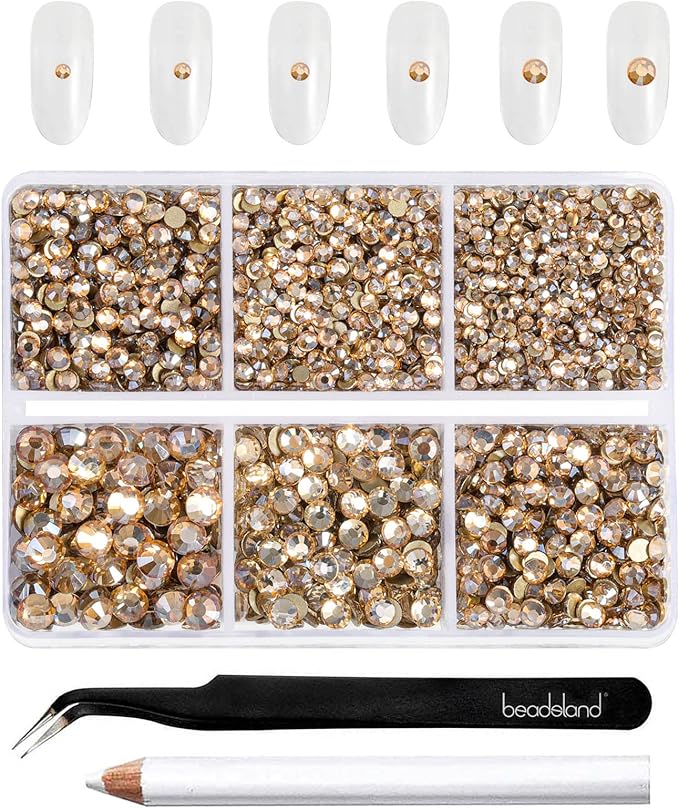 Beadsland 4300pcs Flatback Rhinestones,Gold Rhinestone Nail Gems Round Crystal Rhinestones for Crafts,Mixed 6 Sizes with Picking Tweezers and Wax Pencil Kit, SS6-SS20,Golden Shadow