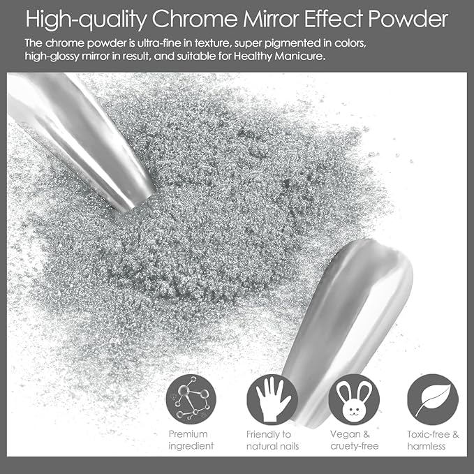 Allstarry Silver Chrome Nail Powder, 2pcs Metallic Mirror Effect Dust Glitter Glazed Manicure Decoration Reflective Pigment for Gel Polish Nail Art Decoration Resin Craft, Festivals - Silver