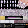 Nail Rhinestones Kit 9080PCS Flatback Rhinestones for Nail Crystals Decoration Nail Hearts Multi Shapes Mix Size and Metal Beads Pearl Gold Silver with glue gel and Pen brush tweezers(Light Purple)