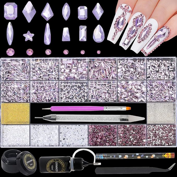 Nail Rhinestones Kit 9080PCS Flatback Rhinestones for Nail Crystals Decoration Nail Hearts Multi Shapes Mix Size and Metal Beads Pearl Gold Silver with glue gel and Pen brush tweezers(Light Purple)