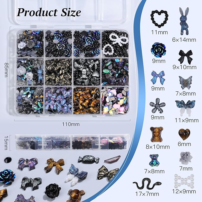 850 Pieces 3D Butterfly Rose Flower Bow Rabbit Bear Nail Charms Kit with Nail Art Rhinestones Pearls Crystal Gems Nail Slices for Manicure DIY Crafts Jewelry Accessories (Black)
