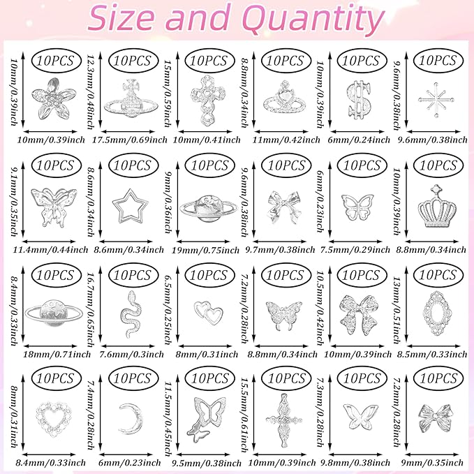 240 Pcs 3D Silver Nail Charms, Alloy Cross Star Crown Bows Nail Silver Charms, Shiny Planet Metal Nails Art Charms Snake Charm for Acrylic Nails DIY Y2K Accessories