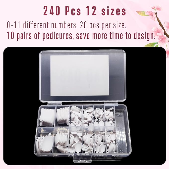 NOVO OVO Fake Toe Nail Tips Press on, Soft Gel Toenail Extension, PURE WHITE LONG Tapered Square Pre-applied Tip Primer & Base Coat, Full Cover Pre-etched False Nails for DIY x 12 Sizes 240Pcs
