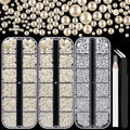 4000PCS Flatback Rhinestones and Half Round Pearls Kit #26, Multi Size Glass Clear Crystals, Plastic Flat Back Beige Dome Bead with Pickup Pencil and Tweezer for Nail Art