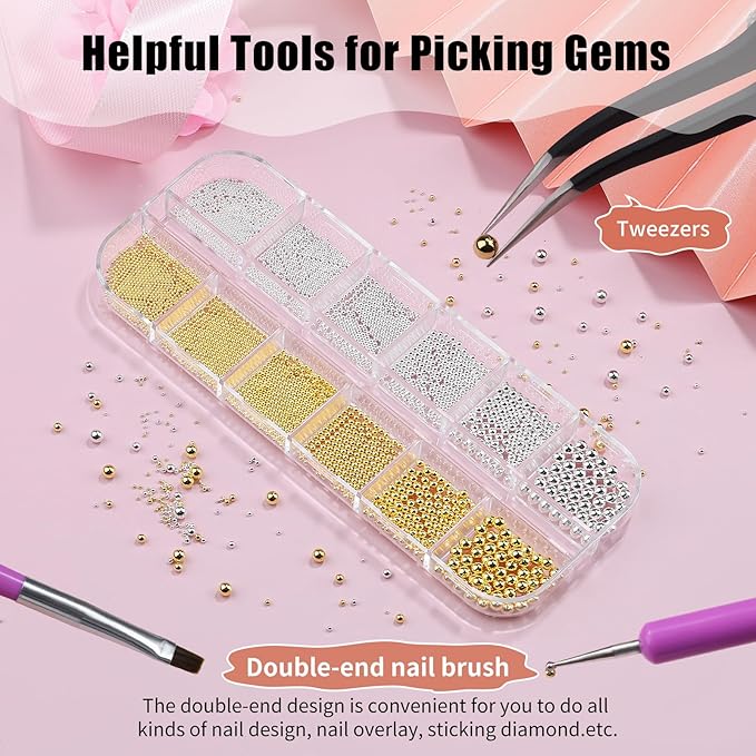 3D Mini Small Metal Stainless Steel Caviar Nail Beads Balls, 0.8-3mm Gold Silver Alloy Nail Art Chain Charms Studs with Tweezers and Dual-end Brush (1-K1-metal-beads)