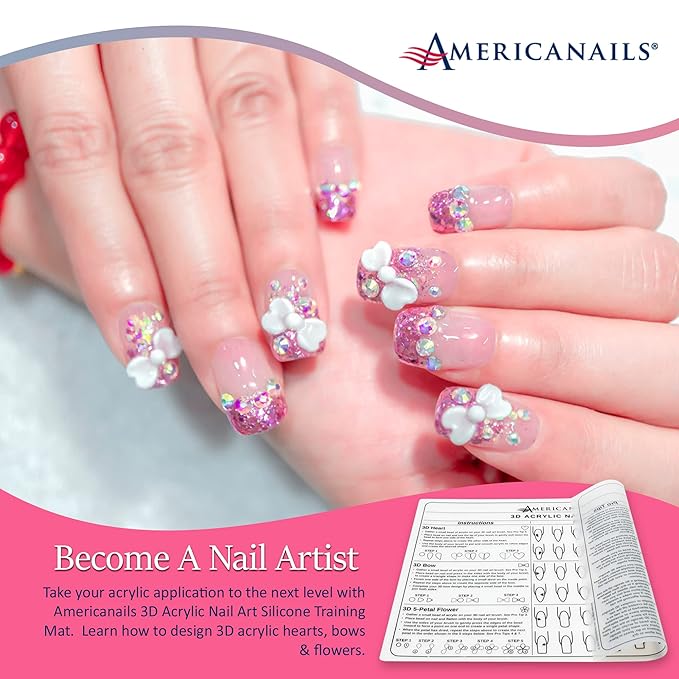 Americanails 3D Acrylic Nail Art Training Mat - Silicone Trainer Sheet for 3D Acrylic Nail Art Design - Step-by-Step Instructions & Diagrams - Create Hearts, Bows & Flowers - Protects Desk Surface