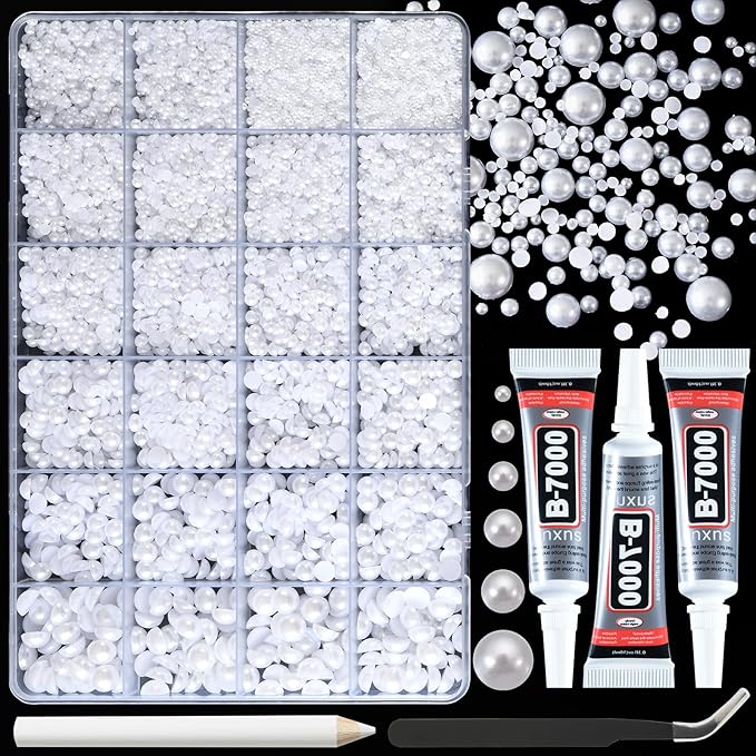 17000 Pcs Flat Back Pearls for Crafting with B7000 Glue White Half Pearl Beads for Jewelry Making Beads for Nails Party Face Clothes Shoe Balloon Birthday Decorations Cup DIY 2/3/4/5/6/8mm