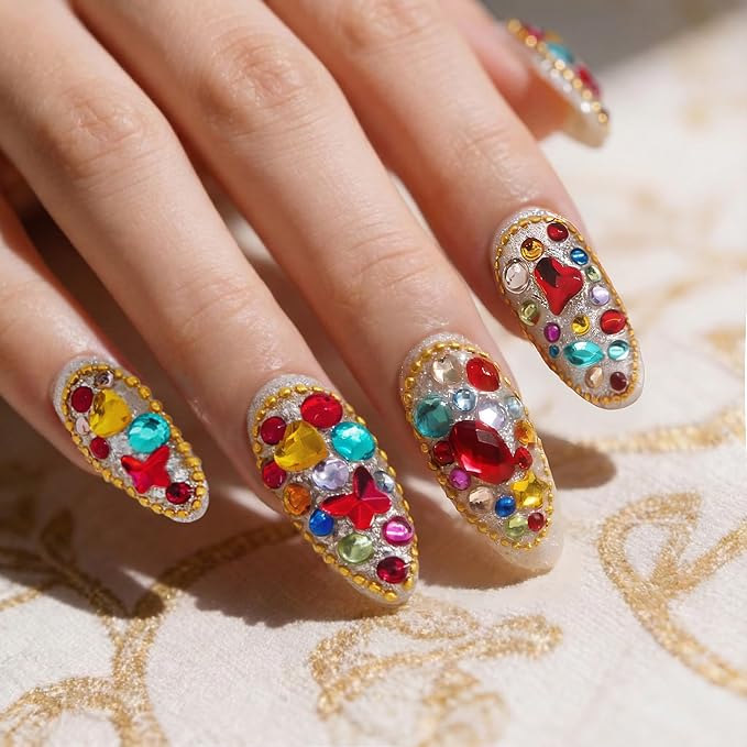24Pcs Handmade Press on Nails, Bling Rhinestones Medium Length Almond Shape Fake Nails with Colorfull Design,Cute Manicure Kit for Women and Girls