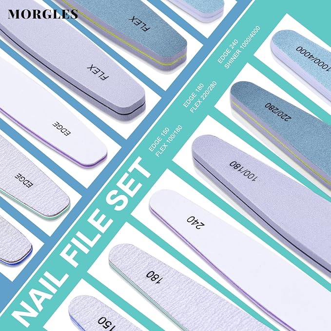MORGLES Emery Boards Professional Grit Nail File Pack for Acrylic/Natural/Gel Nails (100/150/180/220/240/280/1000/4000 Grit)
