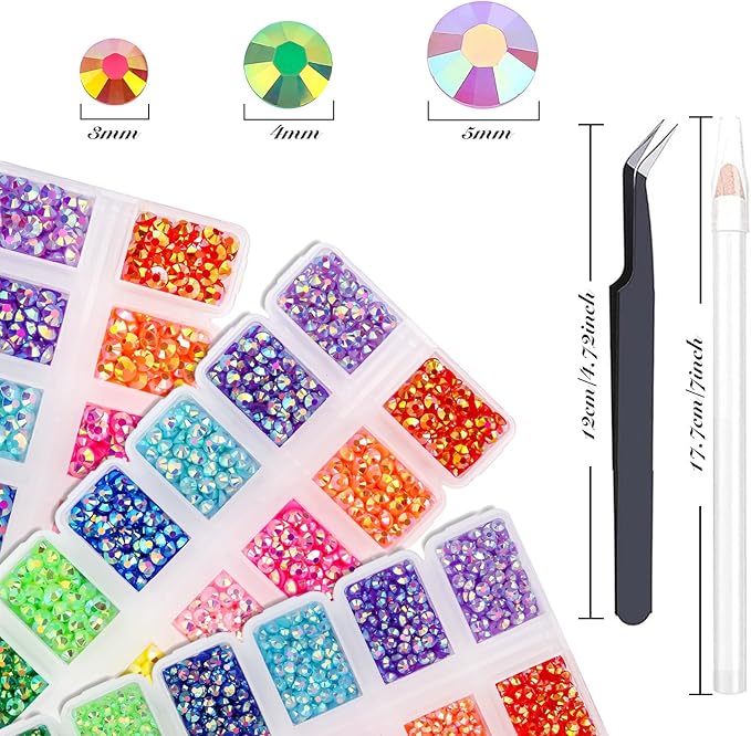 7500PCs 3MM 4MM 5MM Rainbow AB Series Resin Flat Back Rhinestones, Round Non Hotfix Jelly AB Resin Rhinestones Nail Gems Stones with Tweezer & Picker Pen for Nail Art Tumblers & DIY Crafts