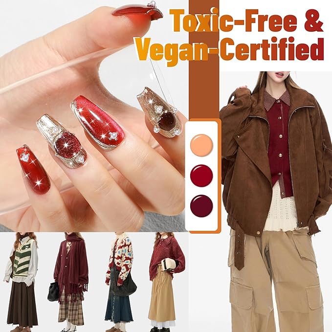 ABAC Fall & Winter Solid Gel Nail Polish Set Orange Yellow Burgundy Red Brown Purple Glitter Colors w/Pro Brush No-Spill,Hema-Free Gel Nail Kit Gifts for Women All Season