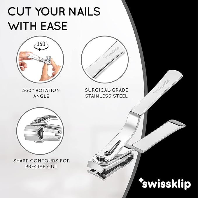 Swissker by Swissklip Nail Clippers for Men & Women I Finger Nail Clippers for Adult with 360 Degree Rotating Head I Fingernail Clippers for Women I Surgical-Grade Stainless Steel Material (2 Pack)