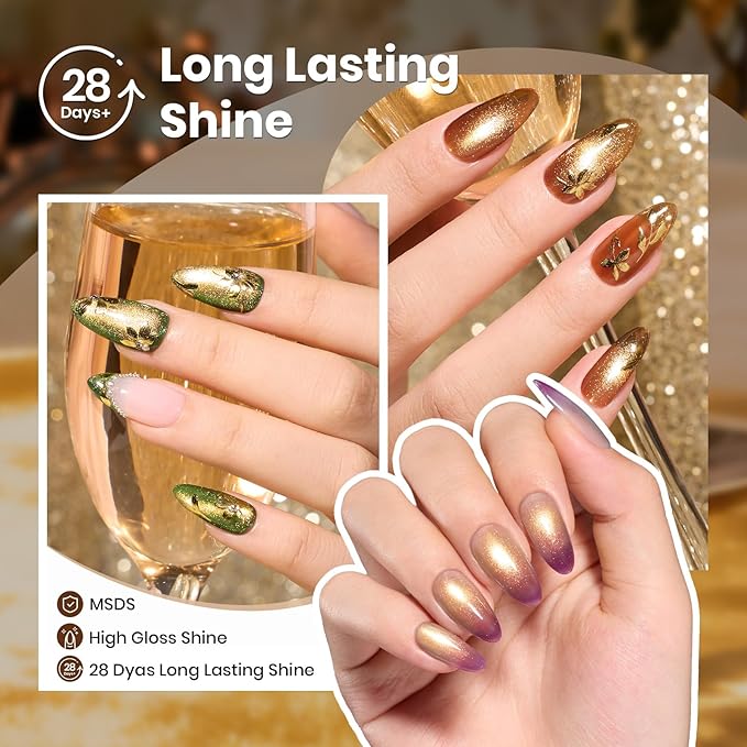 Beetles Gilded Lull Cat Eye Gel Nail Polish Set - 6 Colors Jelly Red Green Brown Purple Silver Cat Eye Glitter Gel Nail Kit Gold Powder Magnetic Soak Off UV Salon DIY Manicure Christmas Gift for Women