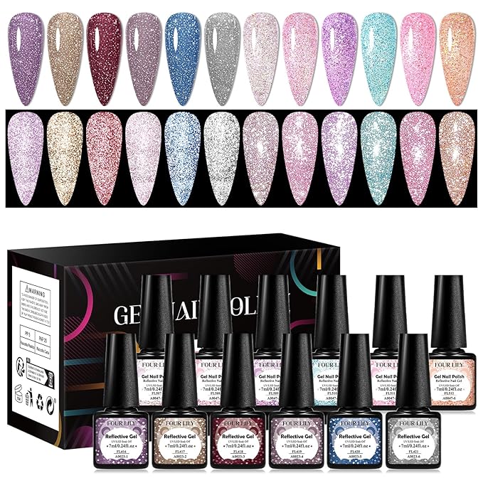 Reflective Glitter Gel Polish Christmas Pink Purple Brown Glitter Sparkly Shiny Disco DJ LED Gel Nail Polish Nail Varnish 12PCS 7ML