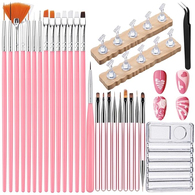Quaferen Nail Brushes for Nail Art 39PCS Nail Brush Tools Set with Nail Stand Holder 2-in-1 Nail Art Palette Professional Acrylic Nail Brushes Kit for Beginners Home Salon