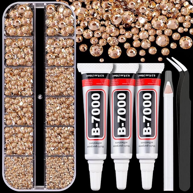 Resin Rhinestones for Crafting with B7000 Jewelry Glue, 1 Box Champagne Flatback Crystals with 3Pcs 10ml Glue for Bedazzling Crafts DIY Nail Art Makeup，Non Hotfix Gems for Clothing Shoes