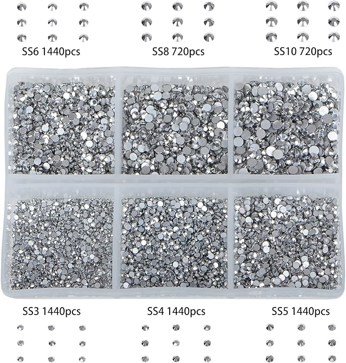 Bymitel 7200 Pieces 6 Mixed Sizes Glue Fix on Glass Rhinestones Round Crystal Gems Flatback for DIY Jewelry Making with one Picking Pen(6-Sizes 7200PCS, Labrdor)