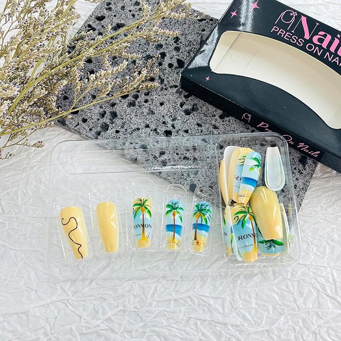 Medium Press on Nails Coffin Fake Nails with Designs Coconut Tree Glue on Nails Blue Seaside Acrylic Nails Summer Beach Artificial Nails Glossy Full Cover Stick on Nails for Women Girls