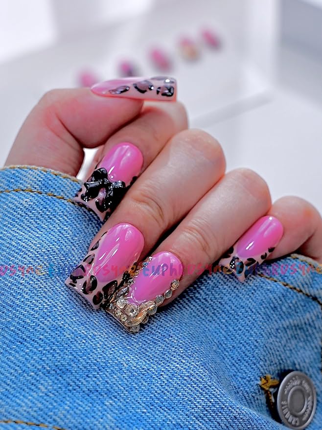 Pink Leopard Press On Nails – 10PCS Glossy Fake Nails with 3D Bow and Glitter Rhinestones, Reusable Long Coffin Nails for Women and Girls – Euphrosyne