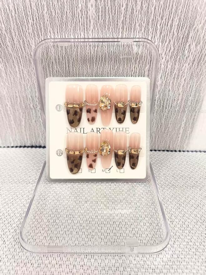 Handmade Press on Nails Long Stiletto Fake Nails French Tip Leopard print False Nails with 3D Rhinestones Designs Sparkly Gold luxury Artificial Nails Reusable for Women 10pcs (Size M）