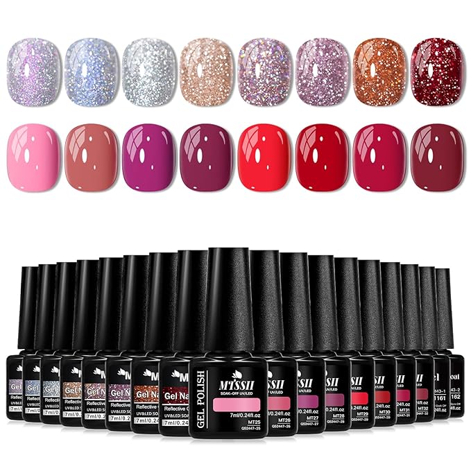 MTSSII Silver Light Purple Pink Blue Orange Red Glitter Gel Nail Polish Pink Purple and Red Series Gel Nail Polish Gel Set Gel Reflection Glitter Polish Kit for DIY Nail Art Women Gifts
