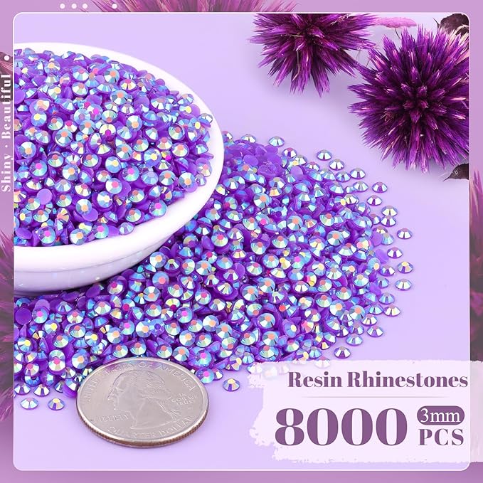8000PCS 3mm Resin Jelly Rhinestones in Bulk (Dark Purple AB), Bedazzling Flatback Crystals Rhinestones for Crafting DIY Nail Decoration, Gems Diomand Charms for Tumbler Shoes Clothing Fabric