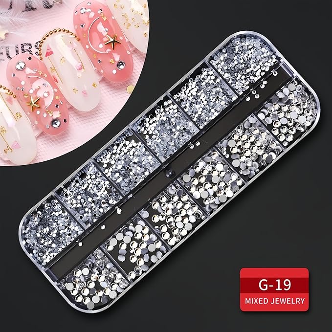 3D Nail Art Charms Kit with 6 Boxes Nail Gems Rhinestones,1 Nail Sculpting Clip,1 Dual-Ended 2-in-1 Brush&Picker Tool–DIY Manicure Set for Wedding,Party,Holiday,Home Salon&Professional Use (SET-A)