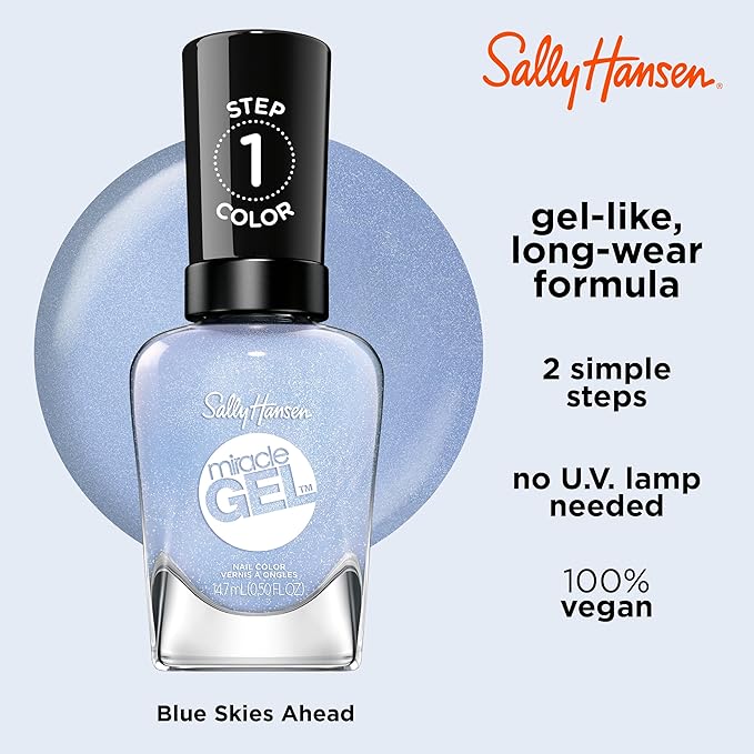 Sally Hansen Miracle Gel Salon Quality Nail Polish | Gel-Like Formula, Two-Step System, No UV Light Needed, Long Lasting | Sheer, Glossy | 627 Blue Skies Ahead | Gray Blue Nail Polish