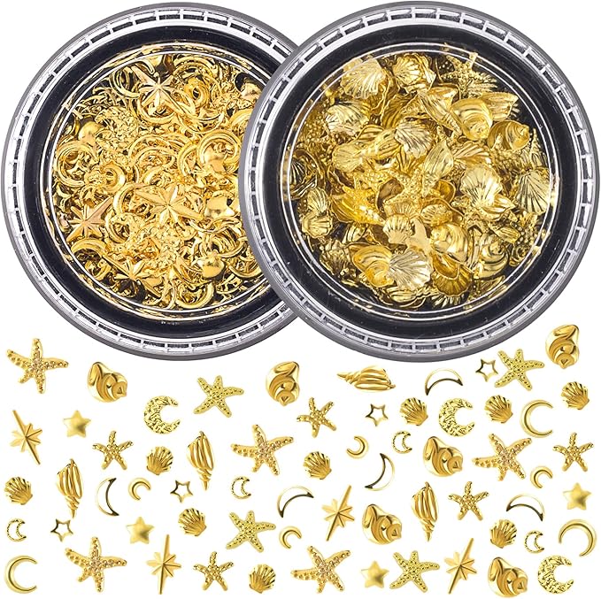 2 Disc Ocean Nail Art Charms, 3D Alloy Nail Art Decals, Beach Starfish Seashell Gems Supplies for Women DIY Craft Jewelry Manicure Embellishments- Gold