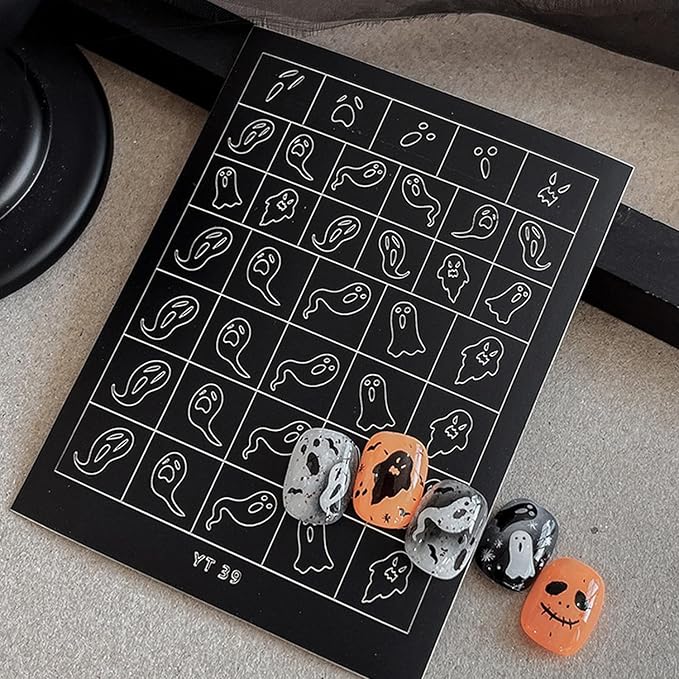 Halloween Nail Stickers Airbrush Stencils Stickers for Nail Art with Skull Ghost Witch Bat Pumpkin Grimace Designs Supplies Design Nail Guide for Manicure Nails Decoration 6 Sheets