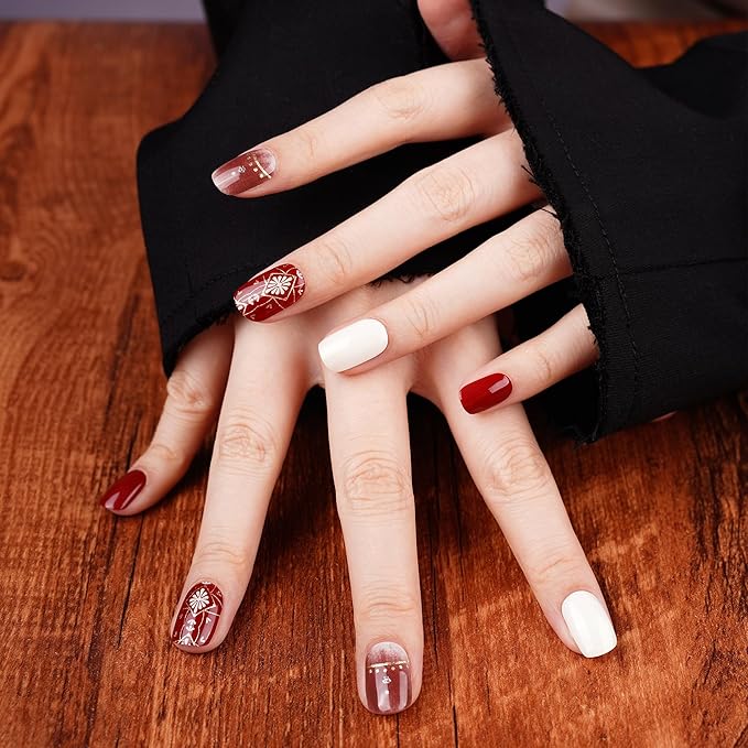 DANNI & TONI Semi Cured Gel Nail Strips Winter Holiday (Flower Blaze) Wine Red Gradient Gel Nail Wraps 28 Stickers