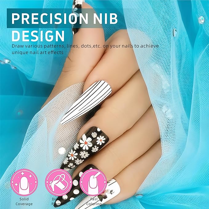 12 Color Nail Art Pen Set, 0.5mm Ultra Fine Nail Polish Pens for Drawing & Painting, Waterproof Quick-Drying Acrylic Nail Liner Dotters, DIY Manicure Design Art Kit with Professional Nail Tools