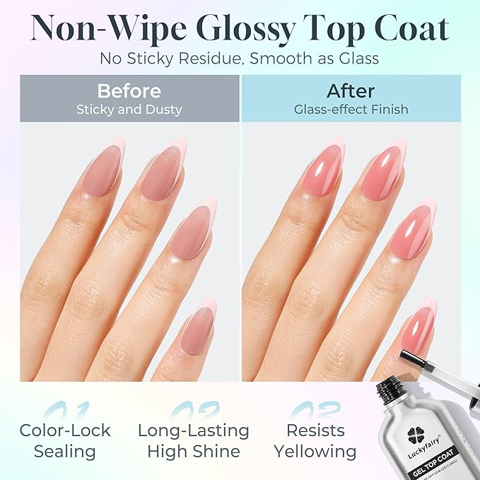 No Wipe Gel Top Coat and Base Coat Set: 2Pcs 15ml Rubber Base, Super Shiny Long Lasting Top Coat Gel Nail Polish, Acid-free Nail Strengthener Soak Off Lamp Needed, Nail Art Design Gift