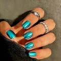 Chrome Press on Nails Short Square, Metallic Teal Green Fake Nails with a Sparkle Mirror Finish, Glitter Glue on Nails for Women Birthday Party, Thick Quality Soft Gel Nail Press ons 30 Pcs
