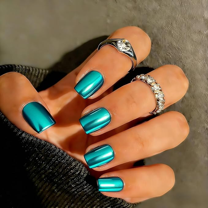 Chrome Press on Nails Short Square, Metallic Teal Green Fake Nails with a Sparkle Mirror Finish, Glitter Glue on Nails for Women Birthday Party, Thick Quality Soft Gel Nail Press ons 30 Pcs