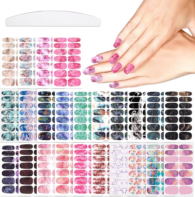 24 Sheets 336 Pcs Marble Nail Stickers Full Wraps for Women Girls Color Strips Marbling Design Nail Gel Strips Polish Stickers Set Self Adhesive Stickers Decals