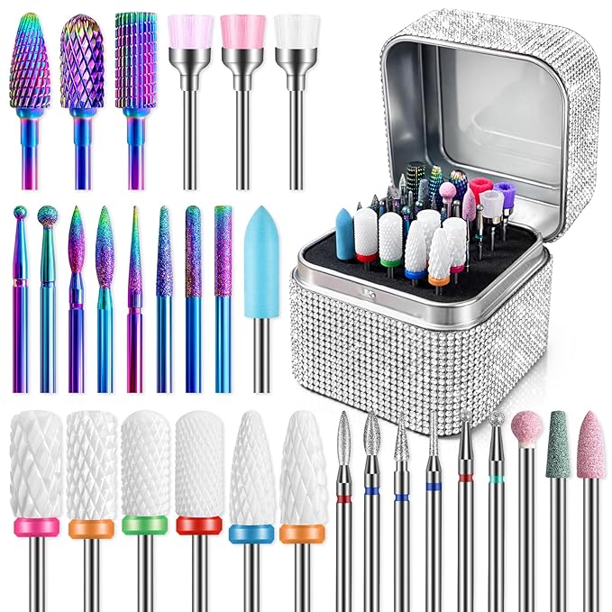Nail Drill Bits Set with Storage Case: 30pcs 3/32 Inch Carbide Diamond Ceramic Professional Salon Kit for Acrylic Nails, Multi-Function for Women Nail Artists Manicure Pedicure (Silver)