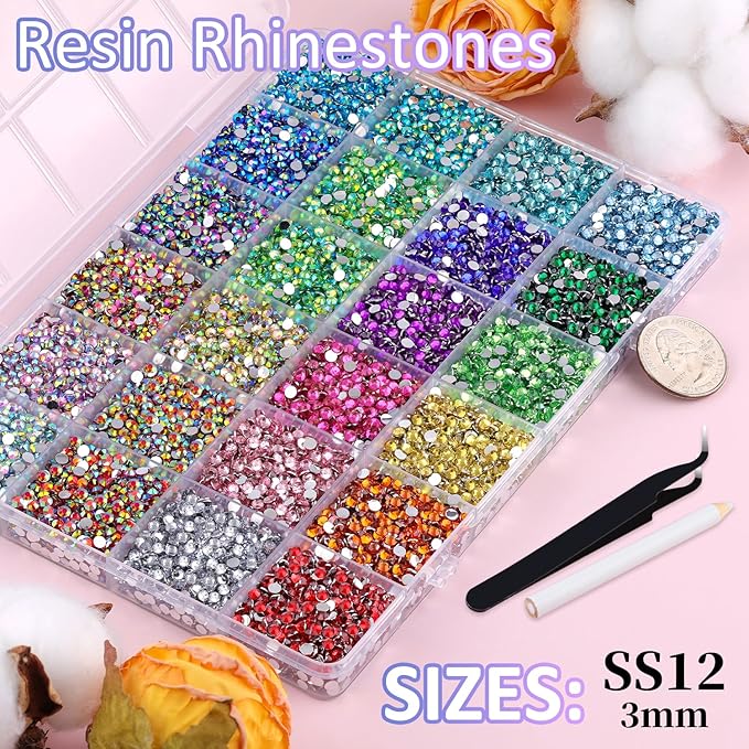 24000Pcs Resin Rhinestones with Tweezers for Crafting, Mixed-Color 3mm Bedazzling Crystal with 3Pcs 10ml B7000 Jewelry Glue for DIY Crafts Clothing Tumblers Shoes Fabric Nail Art