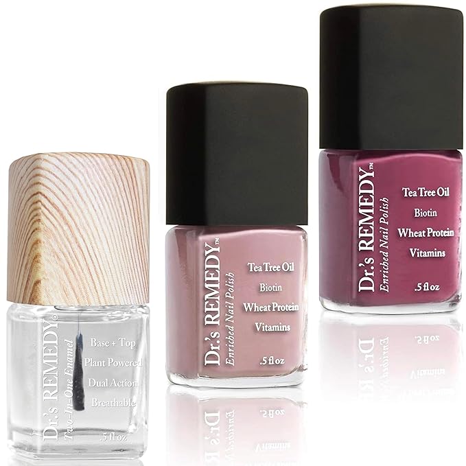 Dr’s Remedy 3 Pack Nail Polish Kit, ANNIVERSARY Kit, All Natural Enriched Nail Strengthener Non Toxic and Organic - BRAVE Berry/TOTAL Two-in-One Glaze/RESILIENT Rose