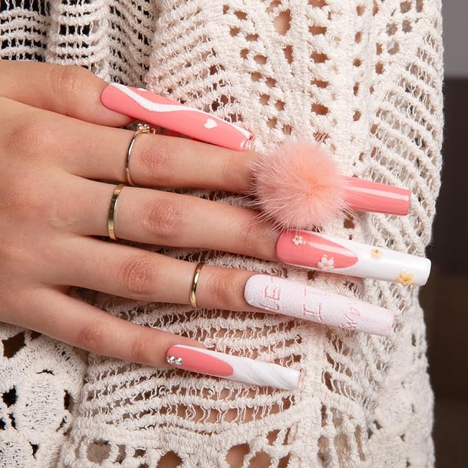 LOVFUL Press on Nails Pom Pom Love | Handmade with Full Covered Crystals | Reusable Fake Nails | Square | H93-S, pink