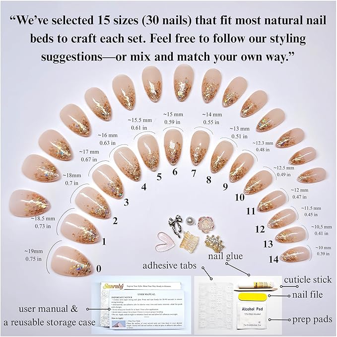 Press On Nails Short Almond Jelly Pink Glossy with Gold Glitter Tips. Reusable Soft Gel Nails in 15 Sizes -30 Nail Kit with Glue | Designed in L.A, Handmade in Vietnam | Hi-End