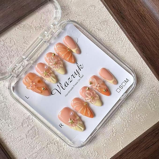 Handmade Press On Nails, Medium Almond Fake Nails with 3D Flowers & Metal Charms, Reusable Full Cover Acrylic Nails,Luxury Orange-Yellow Gradient French Tips for Women.(10PCS)