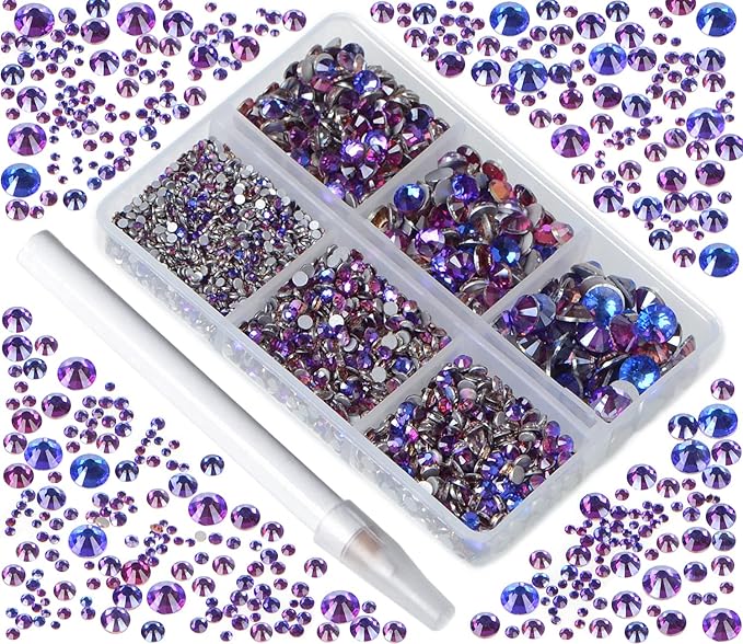Bymitel 5000 Pieces 6 Mixed Sizes Glue Fix on Glass Rhinestones Round Crystal Gems Flatback for DIY Jewelry Making with one Picking Pen(6-Sizes 5000PCS, Purple Velvet)
