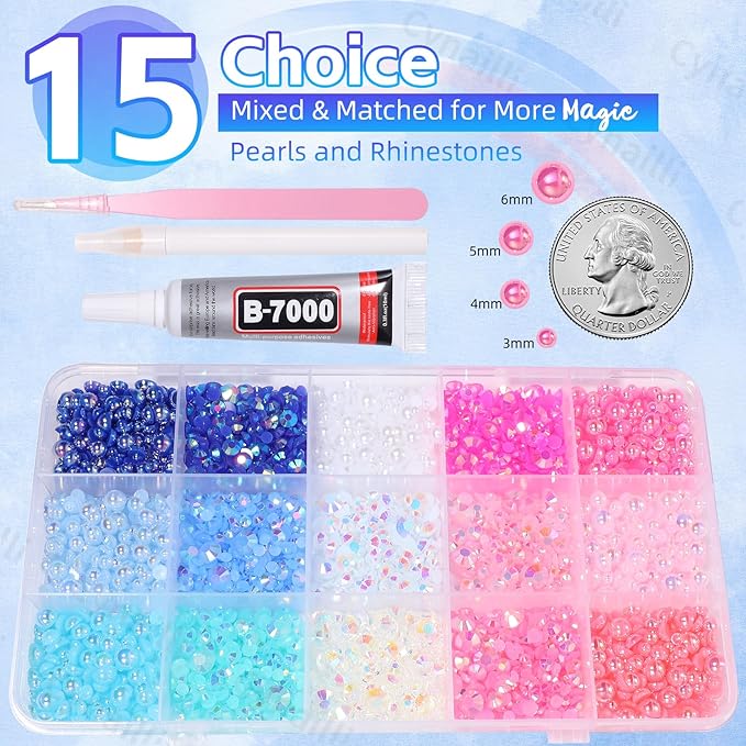 15 Grids Pearls and Resin Rhinestones for Crafting, Pink Blue White Bedazzling Gems Kit, Jelly Resin Rhinestones for Nails Face Eyes Makeup Crafts DIY Tumblers Bottles