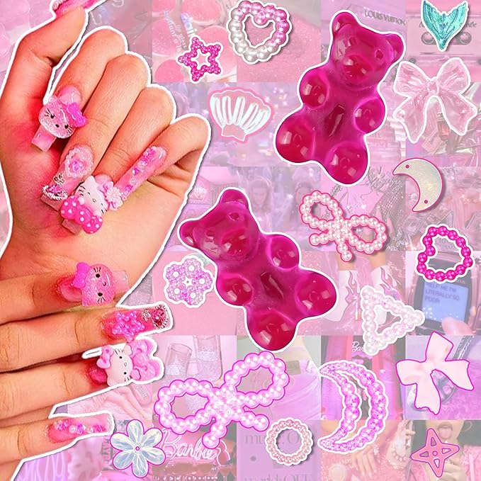 Namifin 3D Pink Nail Charms Bulk Gummy Bear Butterfly Bow Assorted Nail Charms Set Planet Cherry Gems Cute Heart Star Pearls Nail Charms for Nail Art DIY Supplies Accessories