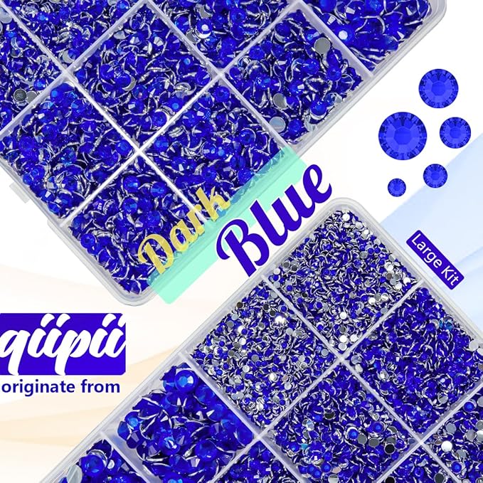 Dark Blue Crystal Resin Rhinestones w B7000 Glue for Bedazzling Crafting 2mm-6mm Sapphire Flatback Stones Diamonds Crystals Gems Bedazzler Kit for Nails Face Eyes Makeup Tumblers Bottles Crafts