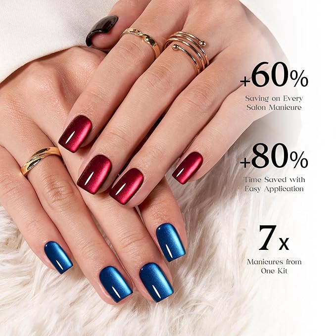 Beetles X Press Cat Eye Nails - 7 Colors Short Square Press On Nails | 16 Sizes 224 Pcs Natural Salon Quality Red Blue Purple Cateye Nails For Women St Patrick Day